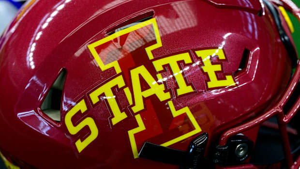 Jul 14, 2022; Arlington, TX, USA; A view of the Iowa State Cyclones helmet logo during the Big 12 Media Day at AT&T Stadium. Mandatory Credit: Jerome Miron-USA TODAY Sports